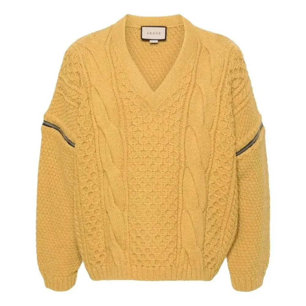 GUCCI V-Neck Cable Knit Wool Sweater Detachable Sleeve in Yellow Size Medium